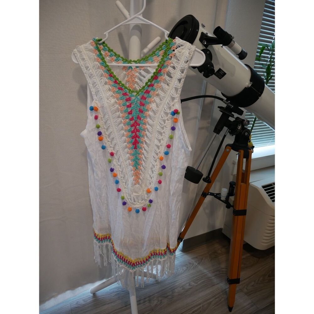 White Crochet Pom Pom Fringe Beach Cover Up Tunic Boho Festival